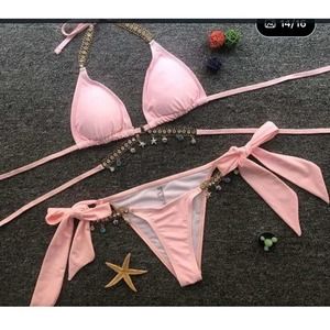 Pink Cheeky String Bikini Rhinestones Medium Top Bottom Swimsuit Bathingsuit